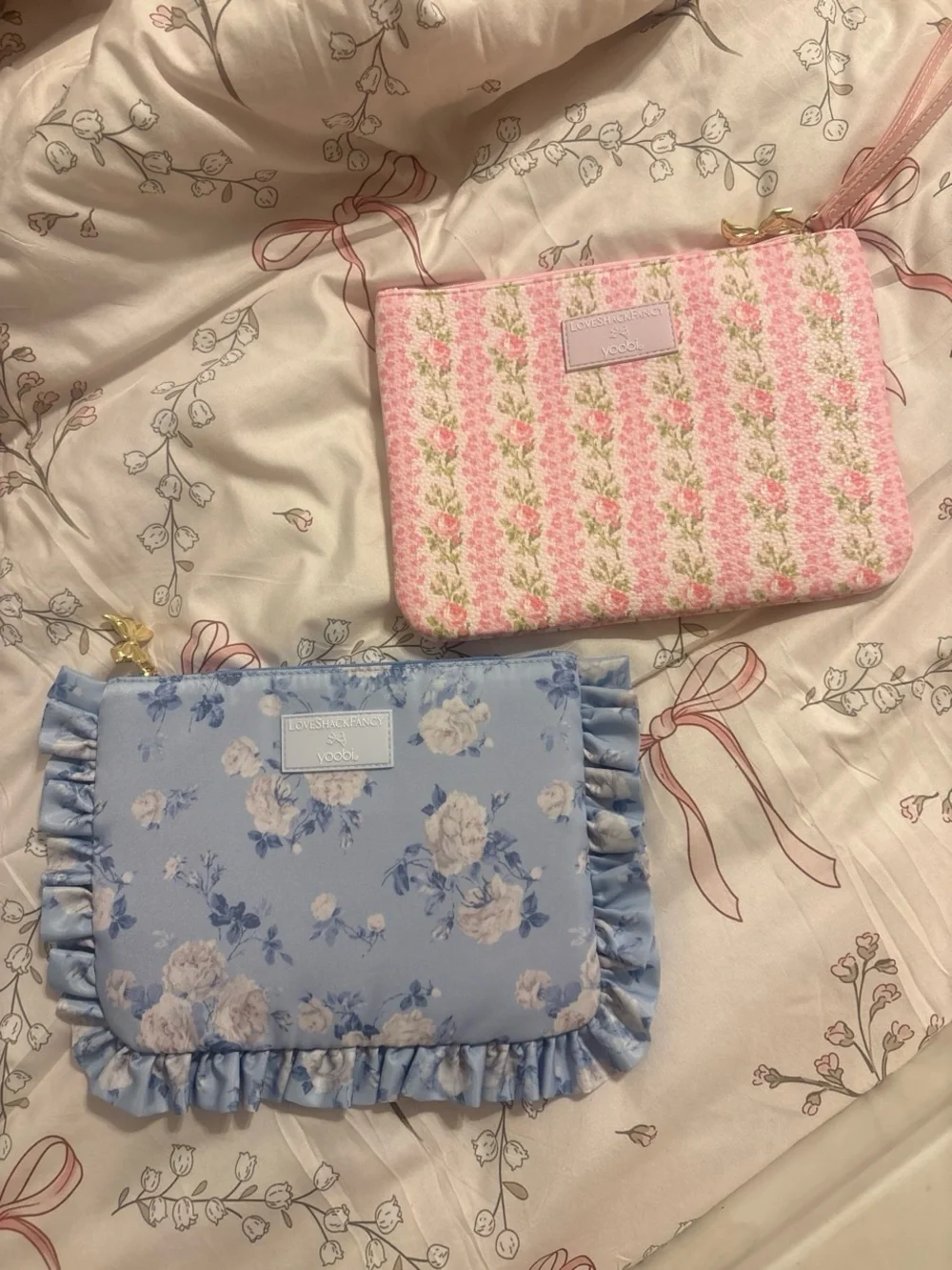LoveShackFancy Pink Rose Stripe & Blue Floral Ruffle Cosmetic Pouches